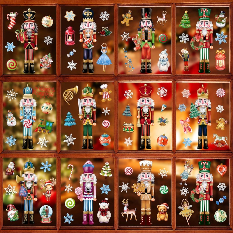 BORAMDO Christmas Nutcracker Window Clings - 12 Sheets of Removable Decals, Stickers for Glass Windows, Xmas Holiday Home Office Decor, 12 Styles - Image 1